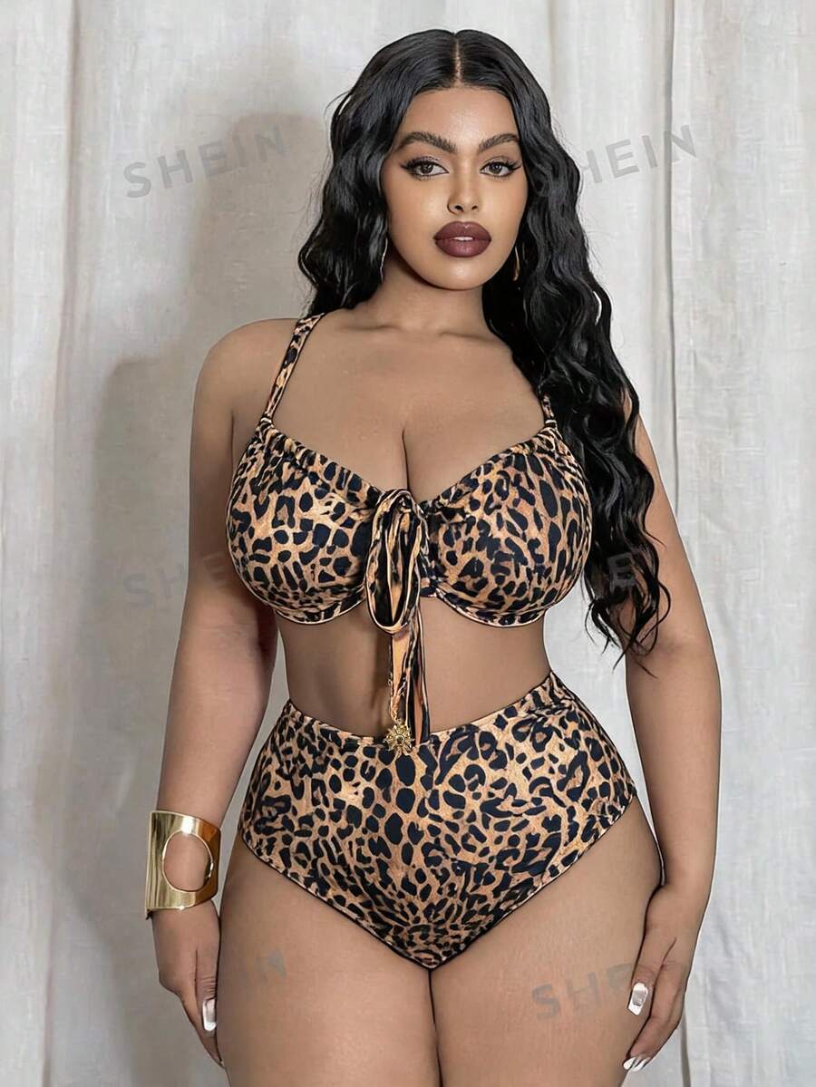 Slaydiva Women's Spring/Summer Spaghetti Strap Drawstring Sexy Beach Swimwear Set, Plus Size Brown - Multicolor - View 1