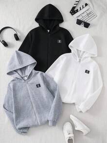 SHEIN 青少年男孩3件組連帽衛衣套裝，附貼布設計，百搭休閒多功能秋季開學服飾 - 彩色 - 查看 5