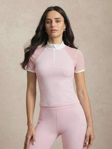 Activina 女款拼色立領短袖馬術上衣，四季皆宜，Ralphlauren 老錢風，適合日常休閒穿著、跑步，青春休閒風 - 淺粉色 - 查看 2