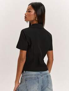 SHEIN BAE Women's Black Double-Breasted Short-Sleeved Jacket, Suitable For Casual Outings, Slim-Fit Black Jacket, Short-Sleeved Black Jacket. - Black - View 2