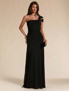 SHEIN BAE Gaun Jala Hitam Polos Leher Asimetris Belahan Tinggi untuk Musim Semi/Panas, Pesta Pernikahan, Malam Hari, Koktail, Halloween, Makan Malam, Seksi, Elegan - Hitam - View 7