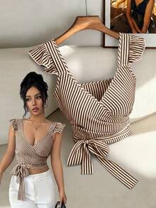 Elenzga Elegant Summer Shirt With Woven Stripes For Women - Coffee Brown - View 1