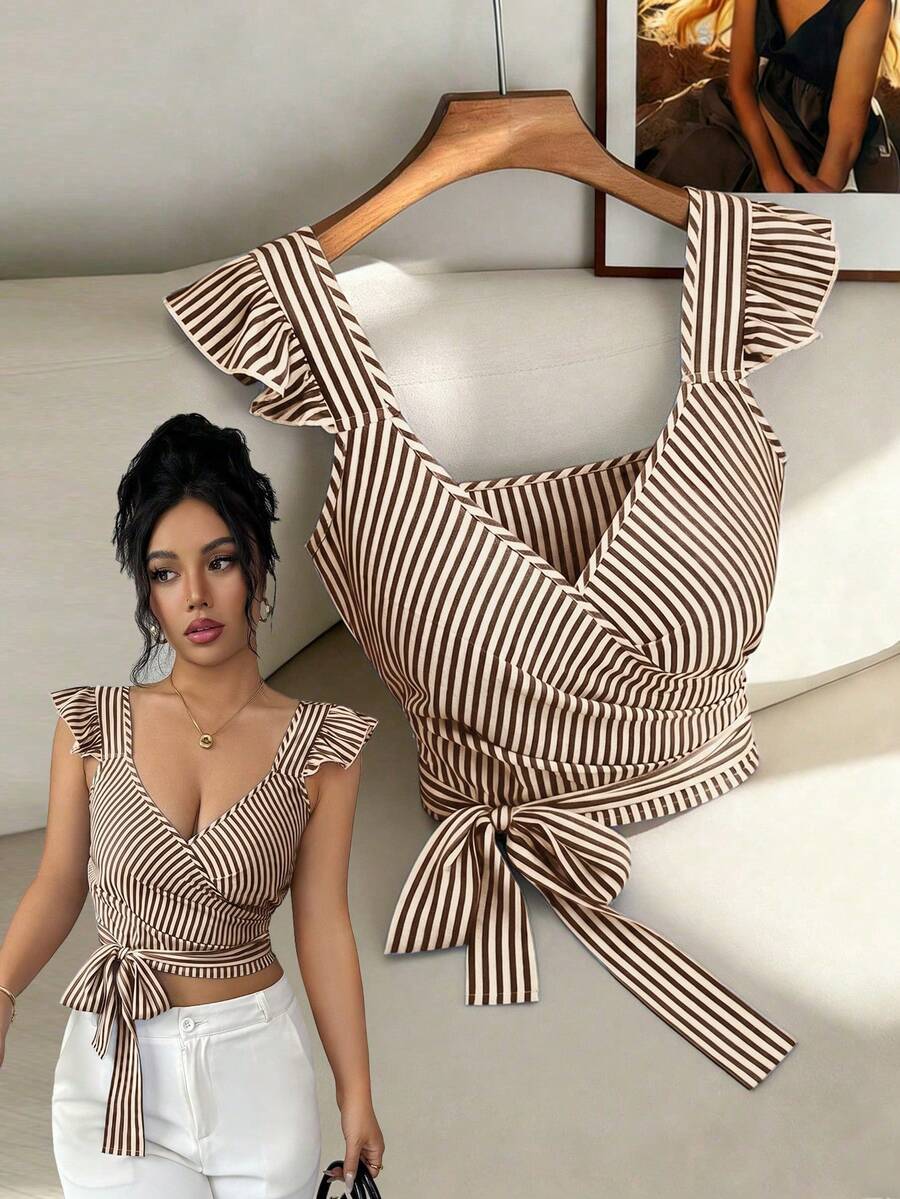 Elenzga Elegant Summer Shirt With Woven Stripes For Women - Coffee Brown - View 1