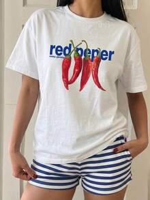 SHEIN EZwear 女款 T-Shirt 與短褲套裝，休閒極簡日常百搭派對聚會機場穿搭 Y2K 上衣，辣椒英文條紋印花圖案，女款夏季套裝，外出穿著 - 彩色 - 查看 6