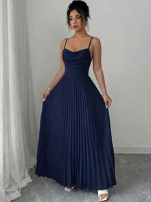 Vestido elegante y romántico para invitadas de boda, damas de honor y reuniones, con tirantes de espagueti, cintura plisada y fluido de gasa - Azul - Ver 3