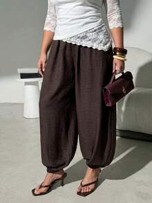 SHEIN Tall CURVE Plus Size Women's Chocolate Brown Drawstring Pants Vacation Autumn Elegant Fall Formal Casual Elegant Business Carribean - Brown - View 10