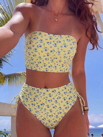 Swim Vcay Women's 2-Piece Bandeau Bikini Set, Tropical Cute Ditsy Floral High-Waist Bottoms, Beach Vacation Casual Contrast Bikini Set