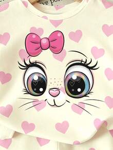 Baby Girl Fresh Cute Cartoon Cat Pink Bow Beige Bottom Pink Heart Pattern Basic Short T-Shirt And Biker Shorts Set, Comfortable Daily Sports Outfit - Multicolor - View 6
