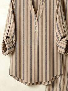 Rusticease Plus Size Women's Striped Pattern Cuffed Sleeve Button-Up Shirt And Pants 2 Pieces Set - Khaki - View 4