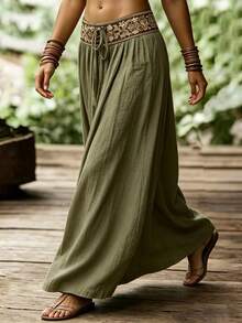 SHEIN Holidaya 女款波浪百褶刺繡花卉圖案梭織收腰裙，適合春夏，休閒日常穿著，清新風格裙，辦公室、百搭休閒裙，休閒度假沙灘穿著，鄉村音樂會，假期度假綠色裙，六月節慶派對裙 - 綠色 - 查看 5