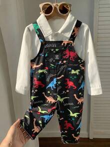 SHEIN Lockerer, bequemer Jumpsuit für kleine Jungen, lässiger, süßer Stil, geeignet für Schule, Sport und Outdoor-Aktivitäten, passend für Jungen von 4 bis 7 Jahren. Cargohose für Kleine Jungen mit süßem Dinosaurier-Muster - Schwarz - Übersicht 4