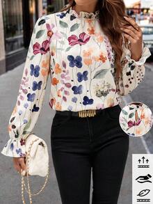 Editum Women's Elegant Versatile Floral Print Ruffle Sleeve Stand Collar Blouse - Multicolor - View 1
