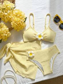 SHEIN Teen Girls' Vacation Beach Floral Decor Bikini Set - Yellow - View 6