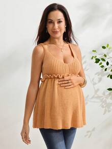 SHEIN Maternity Knit Tank Top, Fitted V-Neck With Ruffle Hem, Casual Cute Minimalist Solid Color Ribbed Camisole For Everyday Wear - Khaki - View 5
