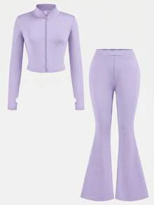 SHEIN NovaGlow Tween Girl Tween Girl Sports Casual Daily Knit Solid Color Cardigan Jacket And Flared Long Pants Set - Purple - View 2