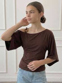 DAZY Tween Girl Solid Color Ruched Slim Fit Versatile Casual T-Shirt - Brown - View 8