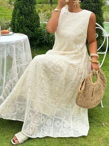 Dazy Plus Lace Long Dress Vacation Style Sleeveless Elegant Spring Summer Plus Size Women Dress - Apricot - View 1