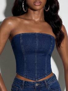 Normani Women's Sexy Strapless Fitted Back Drawstring Criss-Cross Asymmetrical Denim Top - Dark Wash - View 8