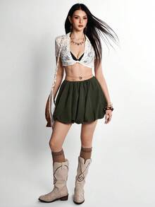 Rina Fox 女款素色彈性腰圍休閒鬱金香裙 - 軍綠色 - 查看 7