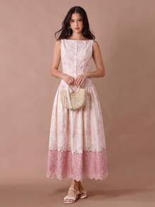 Enchnt Women's Contrast Color Button Half-Placket Embroidered Sleeveless Elegant Long Dress - Pink - View 5