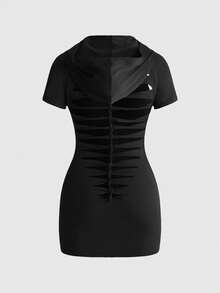 ROMWE Women's Mini Dress With Hood, Zipper, Back Hollow Out, Braided Burnout Design, Goth Style, Black, Spring/Summer - Black - View 2