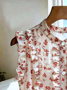 Franclia Women's Black Polka Dot Chiffon Blouse, Elegant Romantic Ruffle Hem - White - View 4