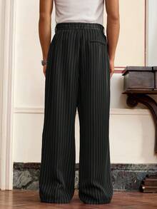 SWAVVY Men's Spring/Summer Casual Striped Wide Leg Pants With Buttons - Black - View 2