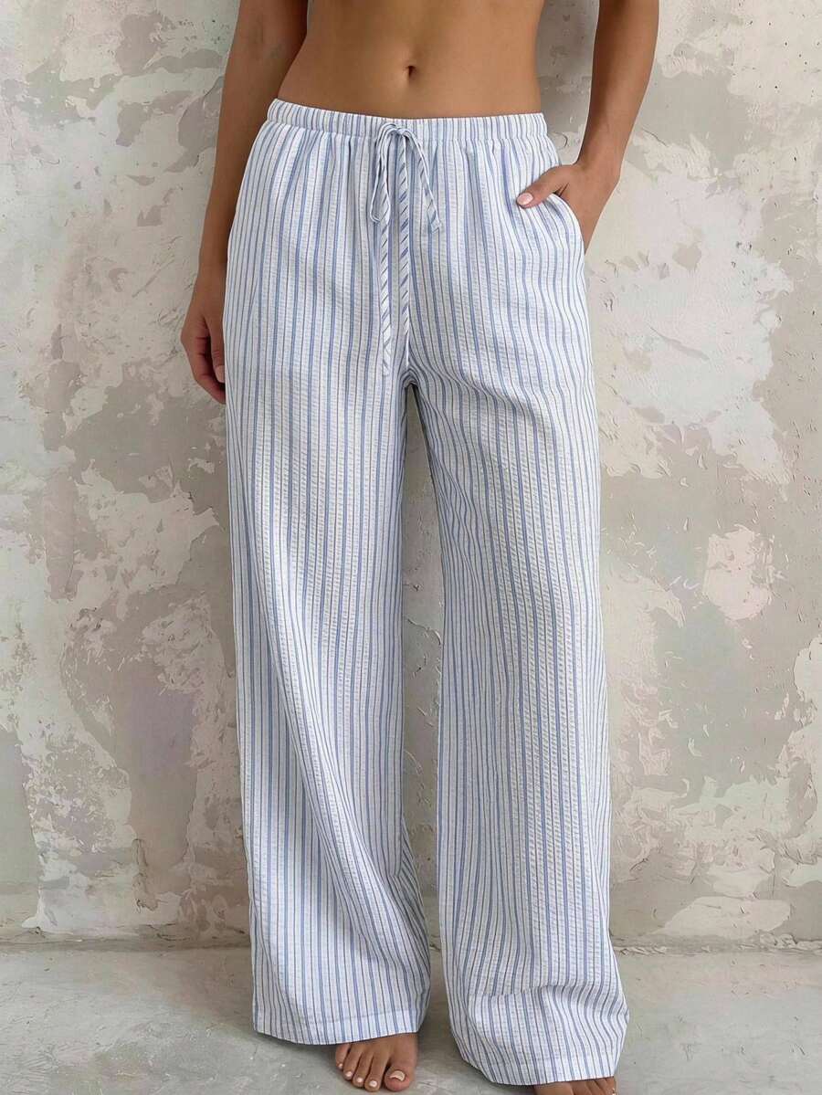 Firerie Women's Casual Comfortable Fashion Drawstring Waist Pocket Striped Elastic Pants, Versatile For Home, Outdoor And Back To School - Blue and White - View 1