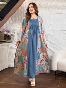 Lacomfia Vestido casual de primavera y verano con estampado de pañuelo cuadrado, patchwork, unicolor, manga 3/4, holgado, ajuste regular, talla grande - Multicolor - Ver 3