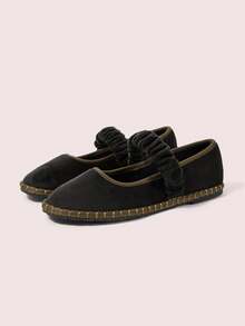 CUCCOO DOLLMOD Women's Casual Bohemian Solid Color Velvet Elastic Strap Mary Jane Flat Shoes For Commuting And Vacation - Black - View 2