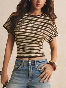 Poéselle Women's Summer Casual Striped Waist-Cinching T-Shirt - Brown - View 6