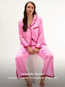 LUVLETTE Ensemble de pyjama et tenue d'intérieur grande taille pour femme, sexy, en satin soyeux luxueux avec bordure en dentelle, boutonné, long, rose aéré, lingerie pour la Saint-Valentin - Rose bonbon - Voir 8