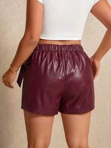 Elaquor Plus Size Summer Fashion Tie Wrap Shorts Elegant Sexy Burgundy PU Leather Skort Vacation Daily Rave Going Out For Women Casual Everyday Wear - Burgundy - View 2
