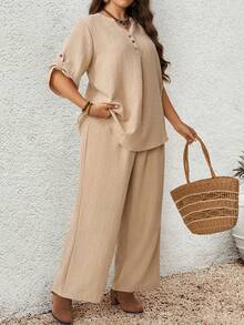 EMERY ROSE Plus Size Women Solid Color Rolled Sleeve Shirt And Pants Casual 2 Pieces Set - Khaki - View 7