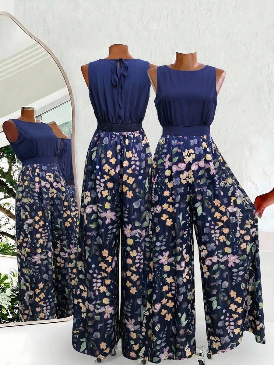 SHEIN Clasi 女款花卉印花百褶休閒日常穿著連身褲 - 彩色 - 查看 1