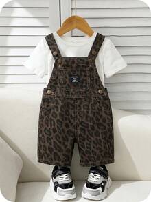 SHEIN Baby Jungen Sommer Lässig Patchwork Detail Baggy Gerade Bein Denim Latzhose Jumpsuit - Verschiedenfarbig - Übersicht 1