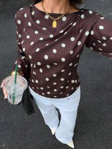 Siren Gaze Womens Elegant Polka Dot Blouse Boat Neck Long Lantern Sleeve Peplum Top With Waist Tie Detail For Daily Wear - Brown - View 6