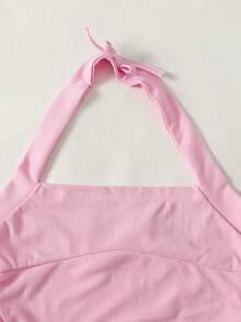 SHEIN 兒童青少年女孩針織掛脖領抓皺腰分層荷葉邊洋裝，適合日常穿著、優雅派對、約會、家庭聚會、畢業典禮、度假，甜美女孩風，粉紅色 - 粉色 - 查看 5