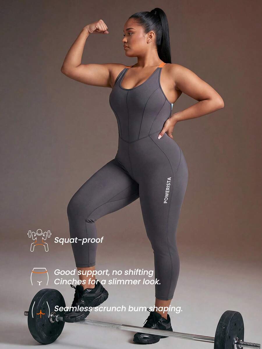 Powerista Plus Size Women's Letter Print Contrast Color Crisscross Backless Shaping Sports Jumpsuit