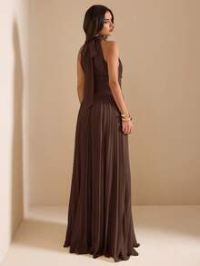 SHEIN BAE Vestido de Primavera/Verano Verde con Cuello Halter, Cintura Fruncida, Volantes y Lazo, Largo Medio, Estilo Romántico Francés para Citas & Vacaciones - Café integral - Ver 6