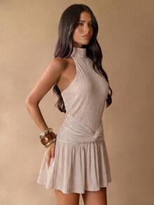 SHEIN BAE Dusty Pink Textured Waist Ruched A-Line Mini Dress Suitable For Day Party Night Out Date Night Vacation Music Festival Shiny Glamorous Elegant Sexy - Apricot - View 5