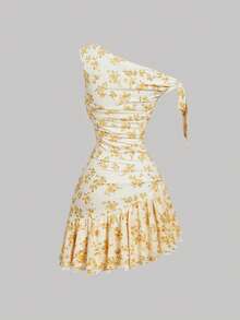 SHEIN MOD Robe mini d'été élégante asymétrique pour femmes avec imprimé floral discret - Jaune citron - Voir 6