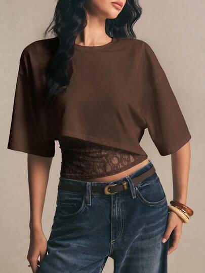 Poéselle Women's Solid Color Lace Patchwork 2 In 1 T-Shirt