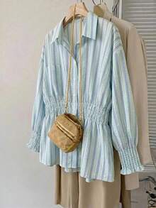 SHEIN CURVE+ Light Blue Gathered Waist Shirt Commuting In Autumn Vacation Beach, Winter 2026 Plus Size 22W - Multicolor - View 6