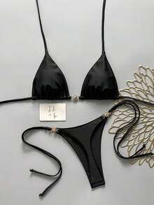 Swim Mod Women's Spring/Summer Solid Color Halter Tie Bikini Set With Metal Decor - Black - View 1
