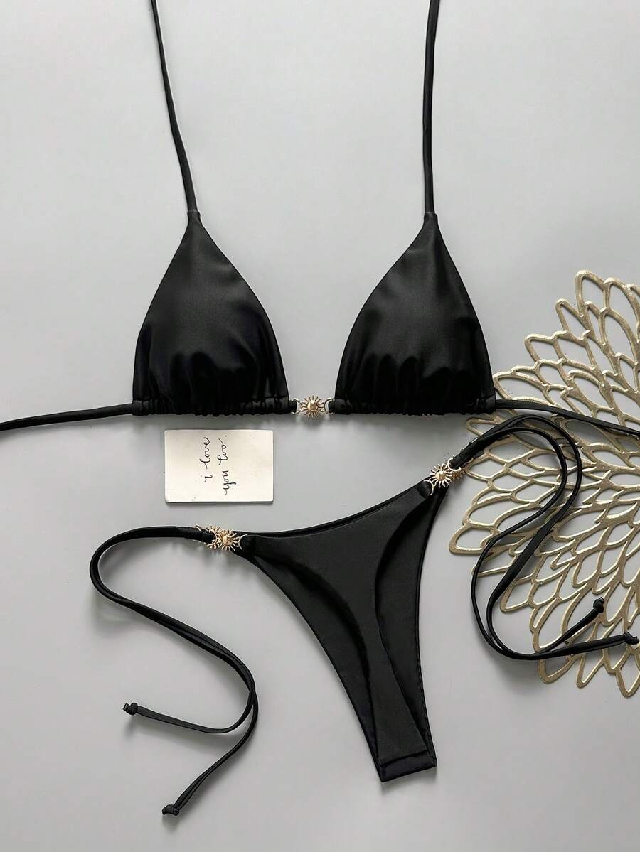 Swim Mod Women's Spring/Summer Solid Color Halter Tie Bikini Set With Metal Decor - Black - View 1