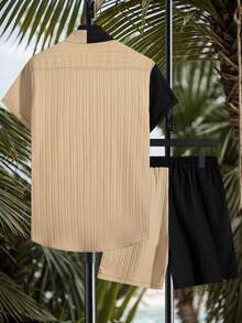 Maristyn Conjunto de playa para hombre con camisa de manga corta y pantalones cortos en colores contrastantes, para vacaciones - Multicolor - Ver 3