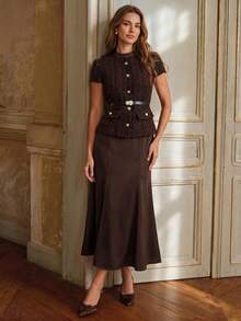 Anewsta Women's Elegant Coffee Color Dress With Tweed & Satin Patchwork, Fishtail Hem, Summer New Arrival - Coffee - View 3