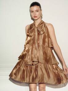 BELROSIE European American Style Spring/Summer New Fashion Versatile Shimmering Gauze Multi-Layer Ruffle Hem Elegant Sexy Commuter Design Women's Mini Dress - Coffee Brown - View 3