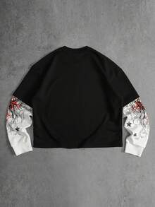 ROMWE MEN Camiseta 2 en 1 para hombre con estampado de cruz de ala y patchwork de bloques de color - Blanco y Negro - Ver 2